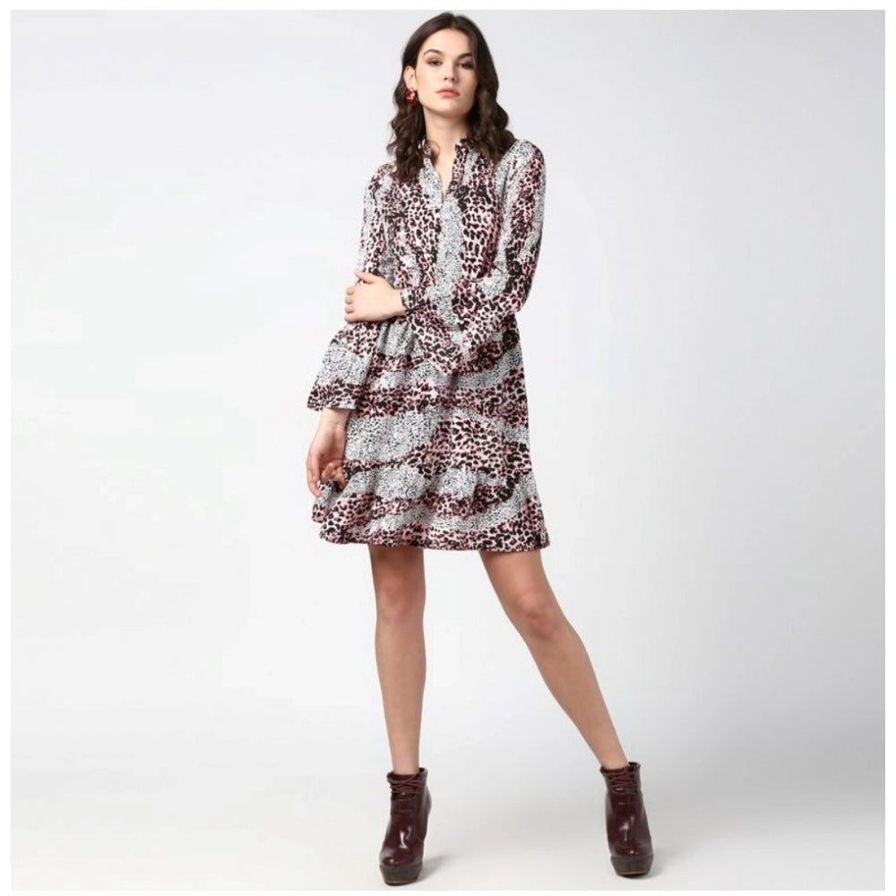 Women's Polyester Animal Print Bell Sleeve Above Knee Dress (Pink - Black)