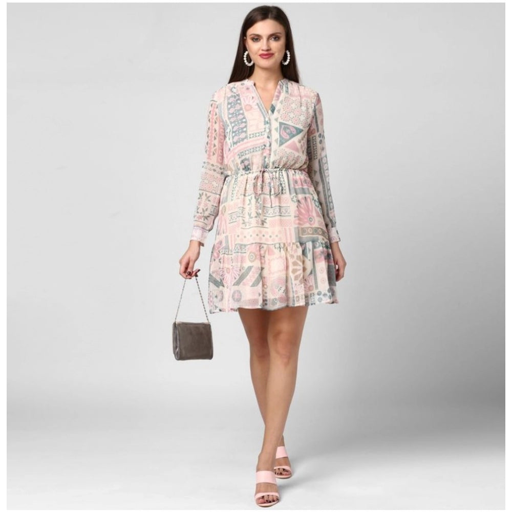 Women's Polyester Printed Long Sleeves Above Knee Dress (Light Pink - Off White)