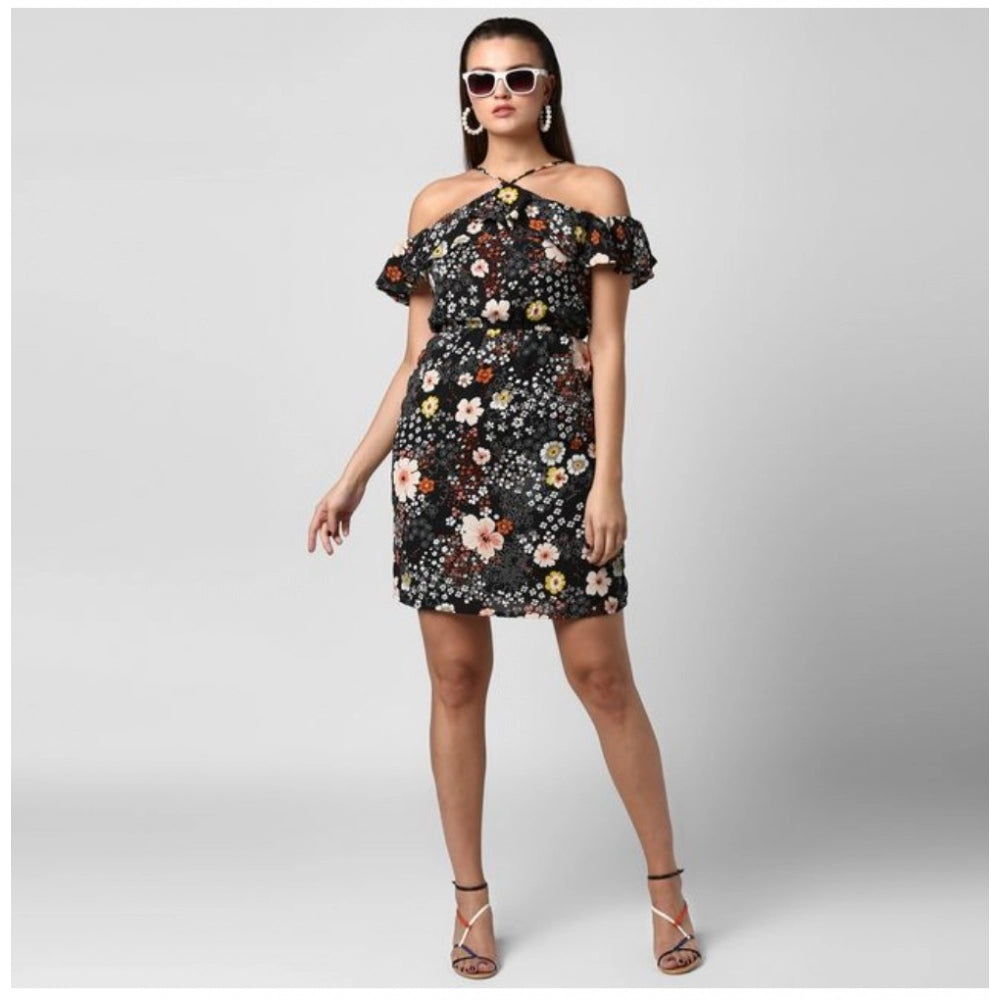 Women's Polyester Floral Cold Shoulder Above Knee Dress (Black)