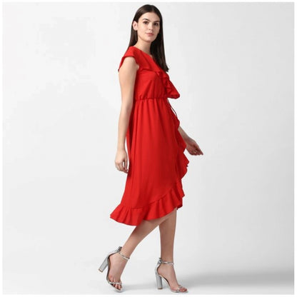 Women's Polyester Ruffled Cap Sleeve Knee-Length Dress (Red)