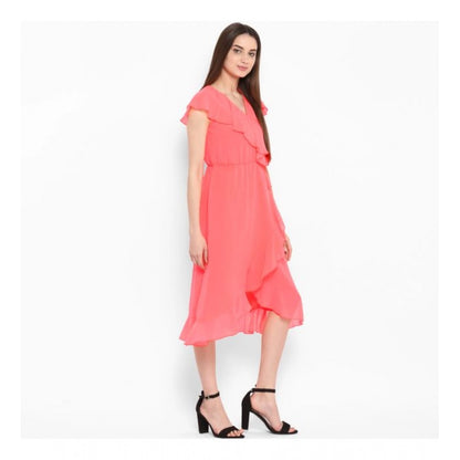Women's Polyester Ruffled Cap Sleeve Below Knee Dress (Coral Pink)