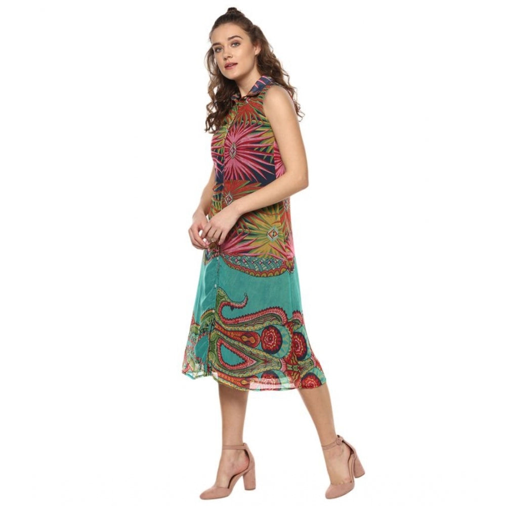 Women's Polyester Floral Sleeveless Below Knee Dress (Multicolor)