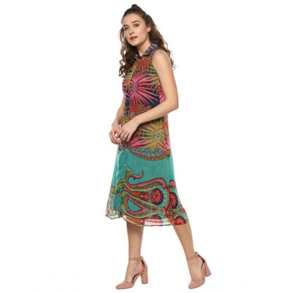 Women's Polyester Floral Sleeveless Below Knee Dress (Multicolor)