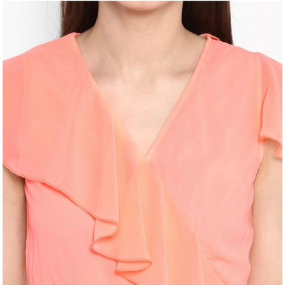 Women's Polyester Ruffled Cap Sleeve Below Knee Dress (Neon Pink)