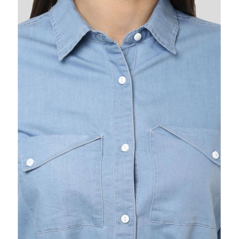 Women's Denim Solid Long Sleeves Above Knee Dress (Blue)