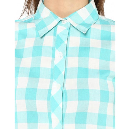 Women's Rayon Checkered Short Sleeve Above Knee Dress (SkuBlue - White)