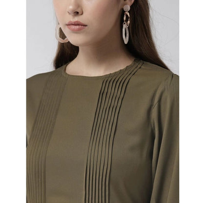 Women's Polyester Pintuck Long Sleeves Below Knee Dress (Olive)