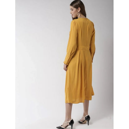 Women's Polyester Pintuck Long Sleeves Below Knee Dress (Yellow)