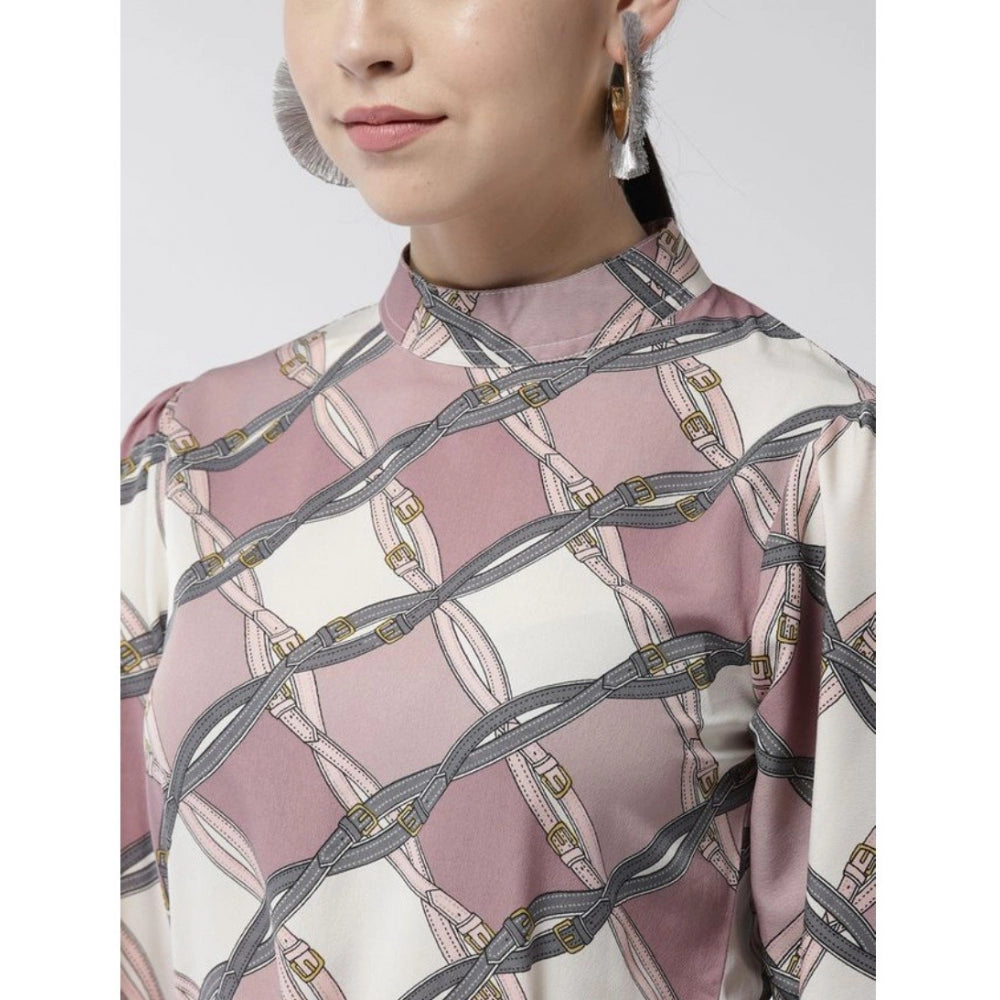 Women's Polyester Checkered Long Sleeves Above Knee Dress (Off White - Lavender)