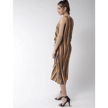 Women's Polyester Striped Sleeveless Below Knee Dress (Mustard)