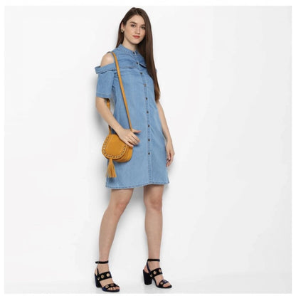 Women's Denim Solid Cold Shoulder Above Knee Dress (Blue)