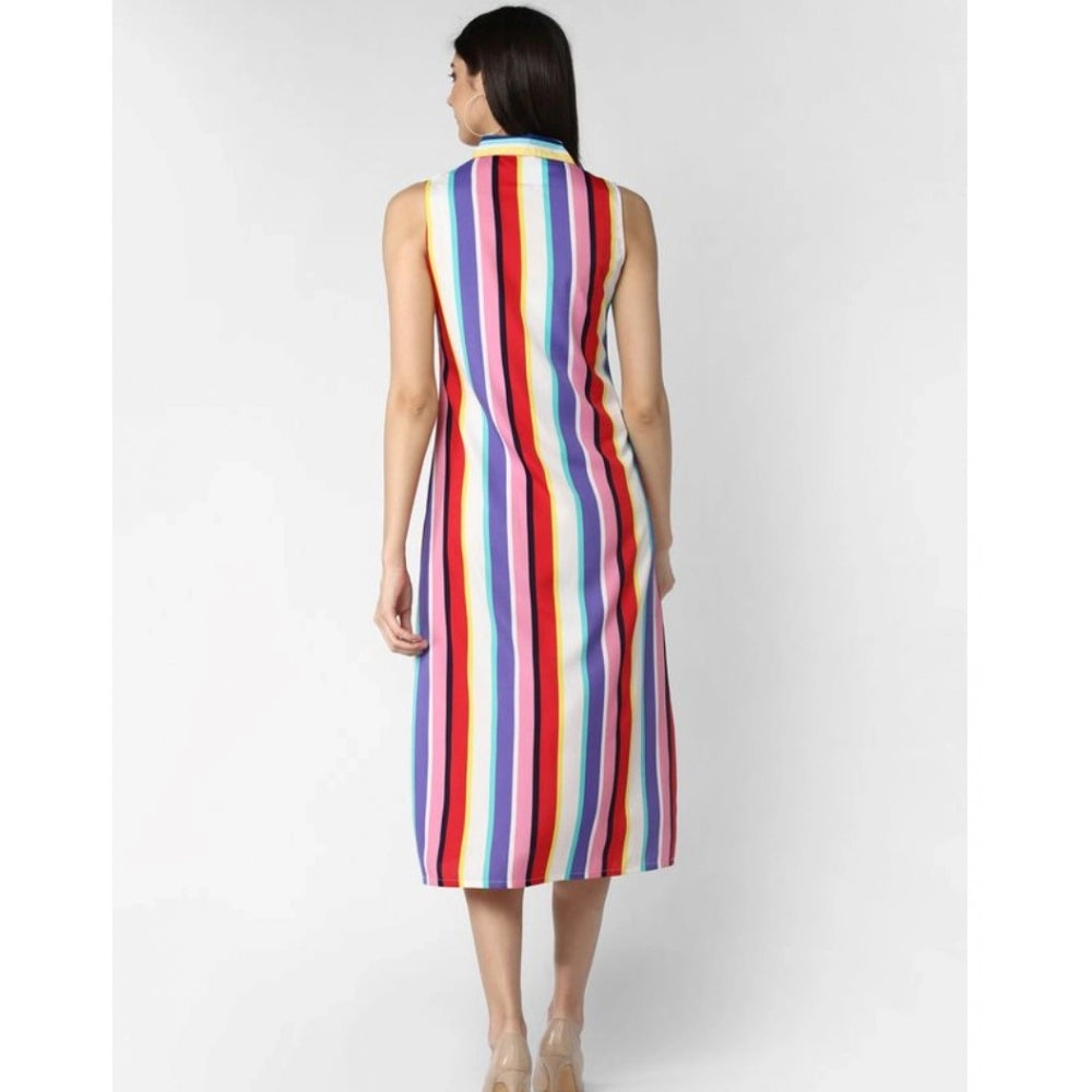 Women's Polyester Striped Sleeveless Calf-length Dress (Multicolor)