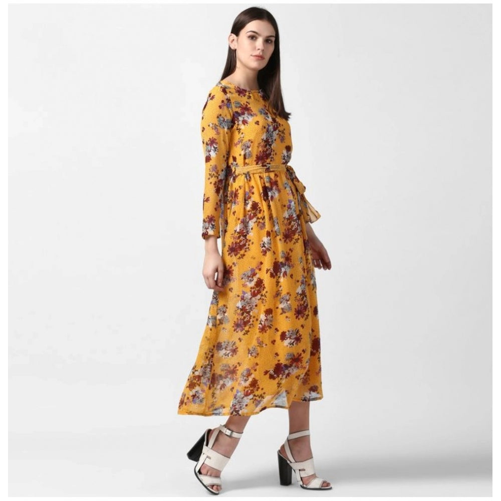 Women's Polyester Floral Long Sleeves Calf-length Dress (Yellow)