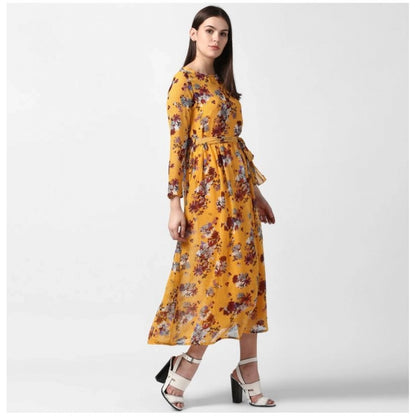 Women's Polyester Floral Long Sleeves Calf-length Dress (Yellow)
