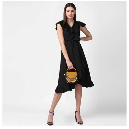 Women's Polyester Ruffled Cap Sleeve Knee-Length Dress (Black)