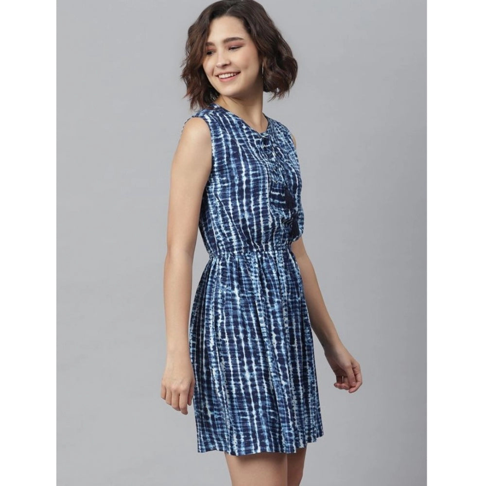 Women's Rayon Tie & Dye Sleeveless Above Knee Dress (Blue)