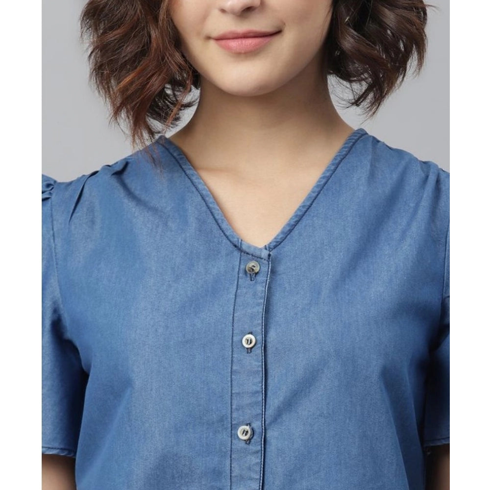 Women's Denim Solid Flutter Above Knee Dress (Blue)