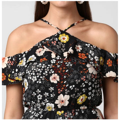 Women's Polyester Floral Cold Shoulder Above Knee Dress (Black)