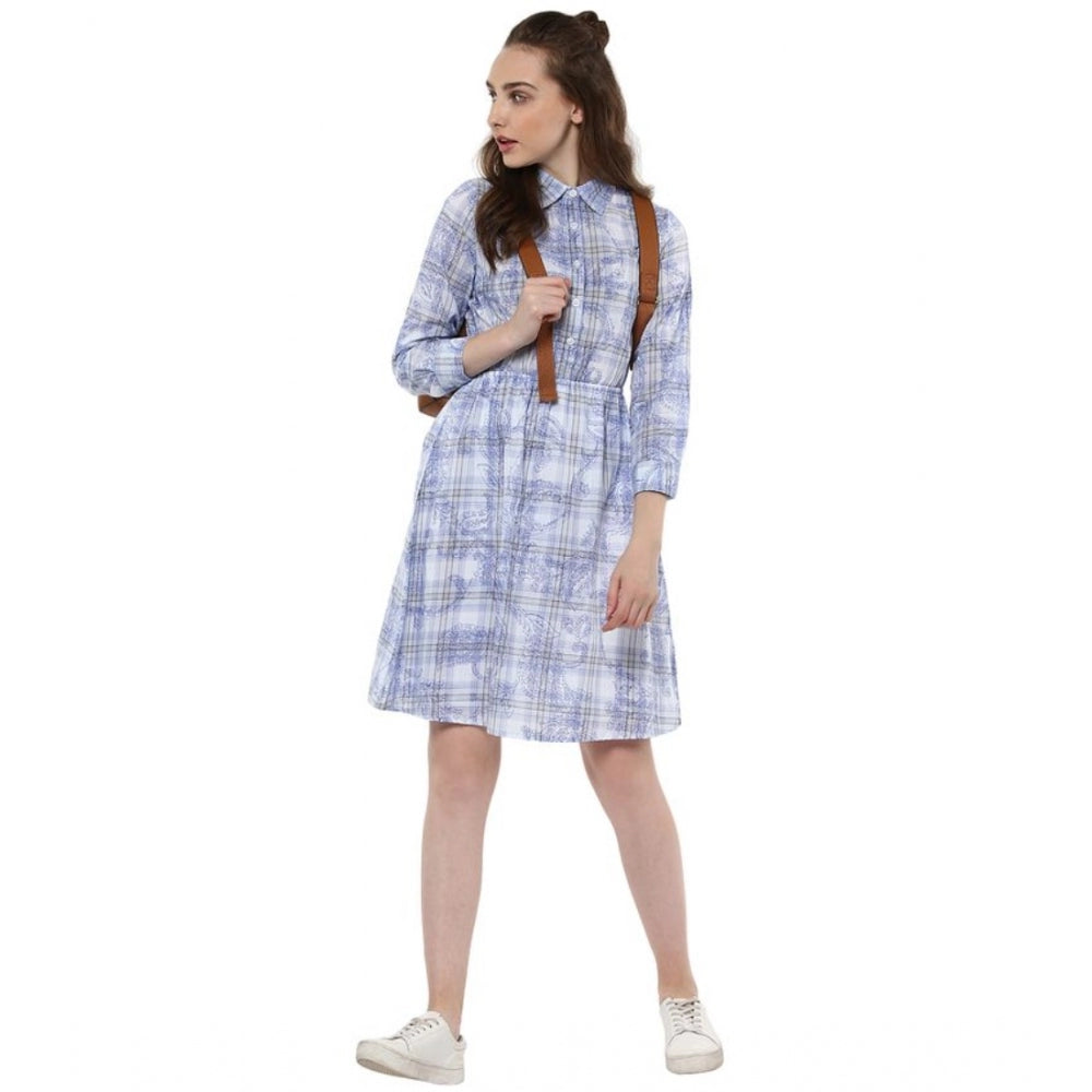 Women's Cotton Checkered Roll Up Sleeve Above Knee Dress (Blue)