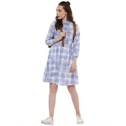 Women's Cotton Checkered Roll Up Sleeve Above Knee Dress (Blue)