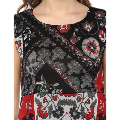 Women's Polyester Printed Sleeveless Dress (Red - Black)