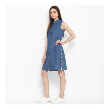 Women's Denim Solid Sleeveless Above Knee Dress (Blue)