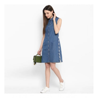 Women's Denim Solid Sleeveless Above Knee Dress (Blue)