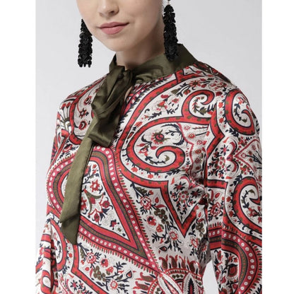 Women's Polyester Printed Long Sleeves Above Knee Dress (Red)