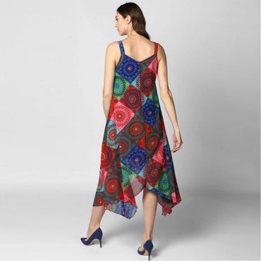 Women's Polyester Asymmetrical Shoulder Straps Knee-Length Dress (Multicolor)