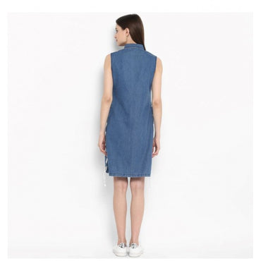 Women's Denim Solid Sleeveless Above Knee Dress (Blue)