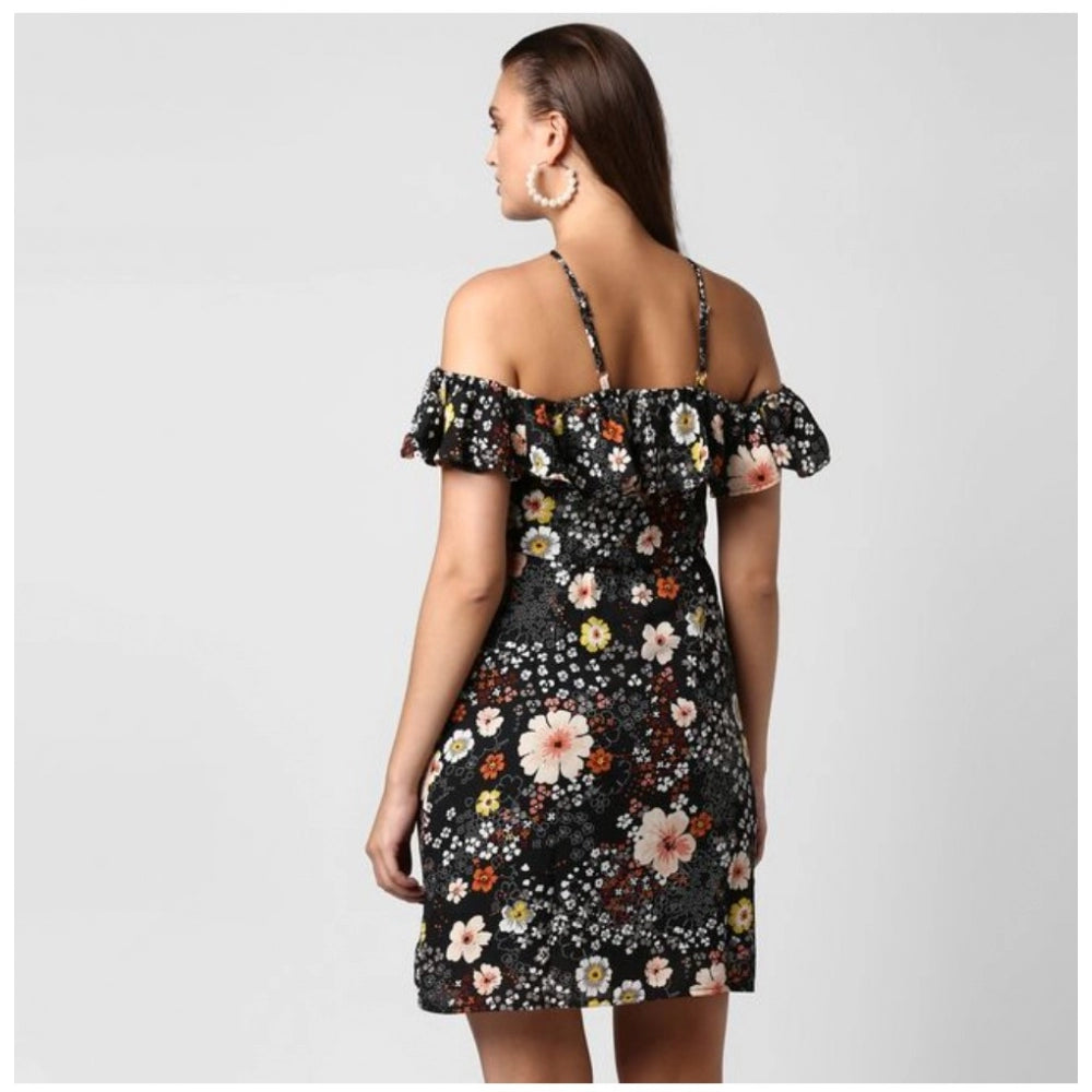 Women's Polyester Floral Cold Shoulder Above Knee Dress (Black)