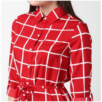 Women's Polyester Checkered Long Sleeves Above Knee Dress (Red)