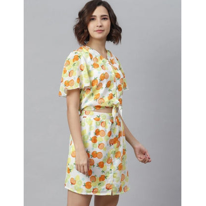 Women's Polyester Printed Flutter Above Knee Dress (Orange - Yellow)
