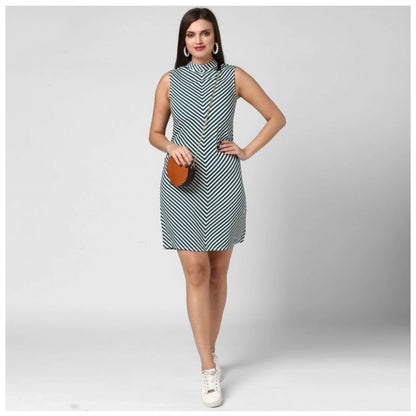 Women's Polyester Striped Sleeveless Above Knee Dress (Green)