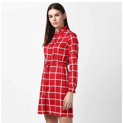 Women's Polyester Checkered Long Sleeves Above Knee Dress (Red)