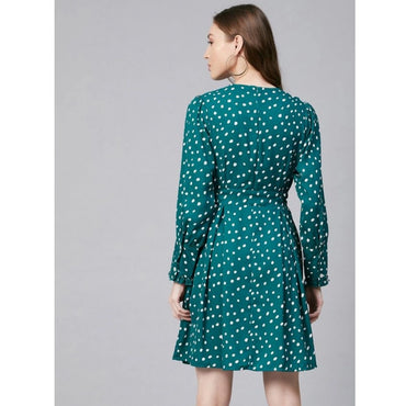 Women's Polyester Polka Long Sleeves Above Knee Dress (Green - White)