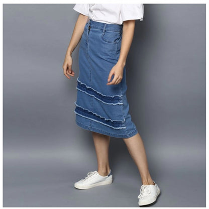 Women's Denim Washed Buttoned Skirt (Blue)