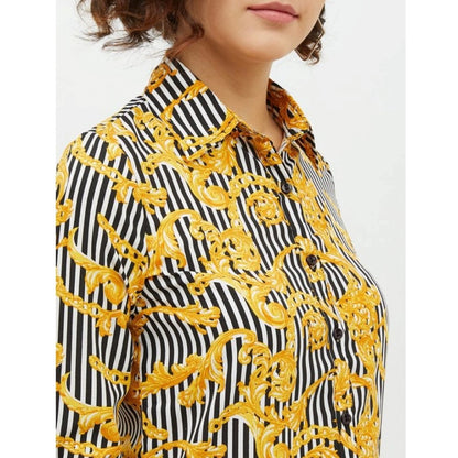 Women's Polyester Printed Roll Up Sleeve Standard Length Shirt (Mustared)