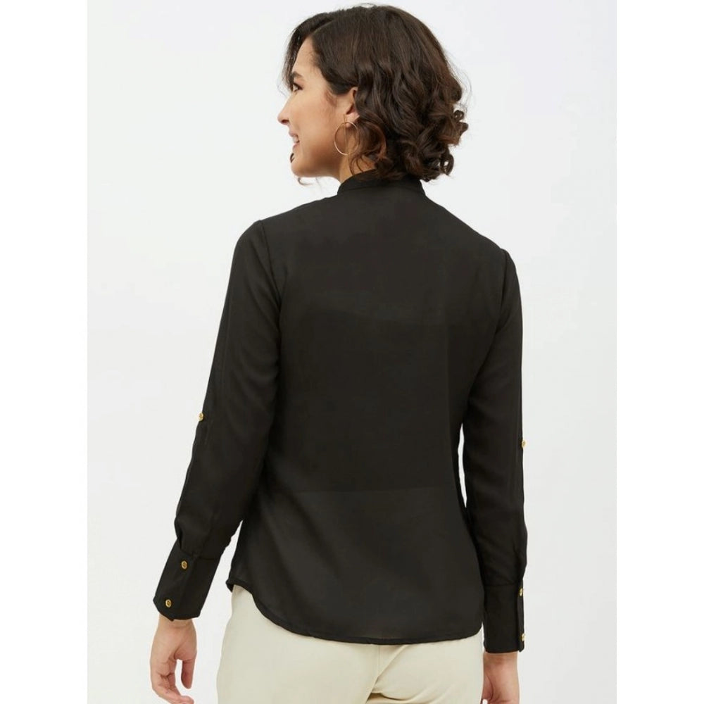 Women's Polyester Ruffled Long Sleeves Standard Length Shirt (Black)