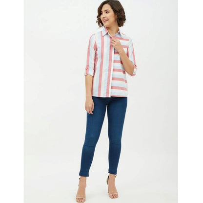 Women's Cotton Striped Long Sleeves Standard Length Shirt (Pink)