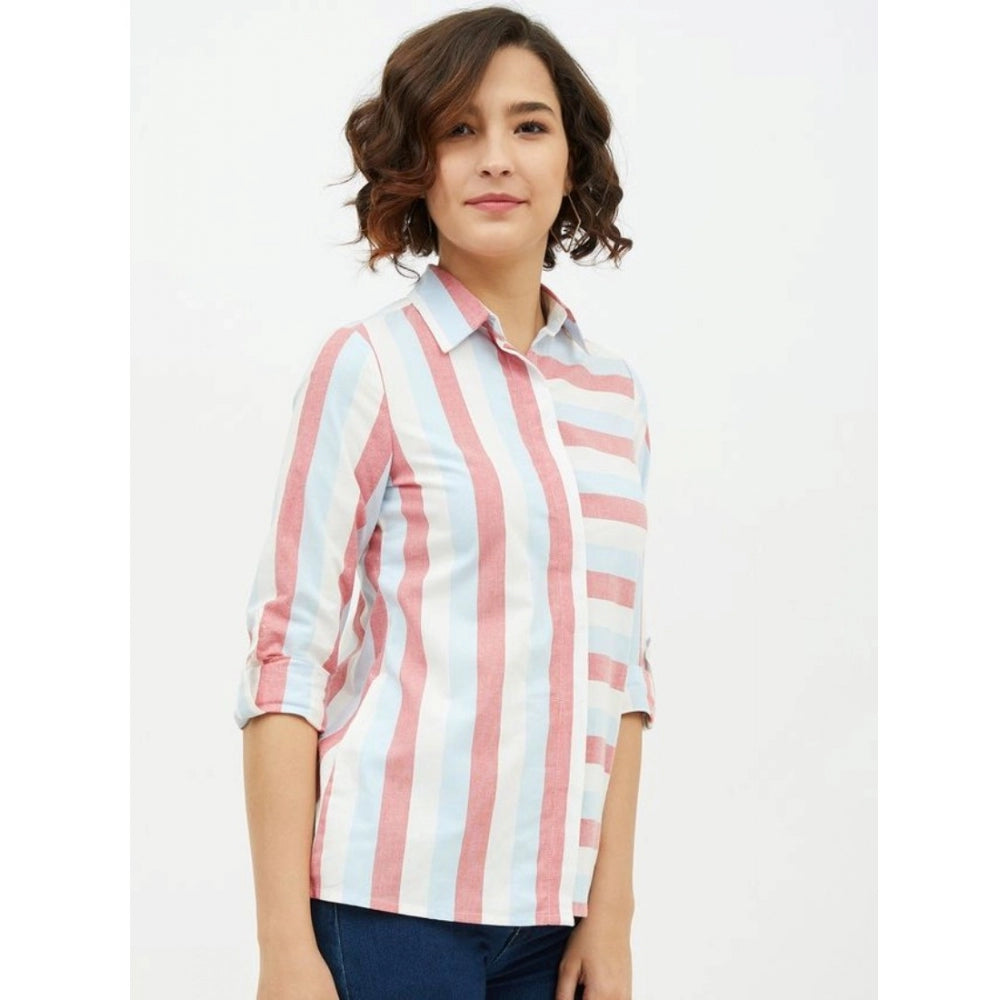 Women's Cotton Striped Long Sleeves Standard Length Shirt (Pink)