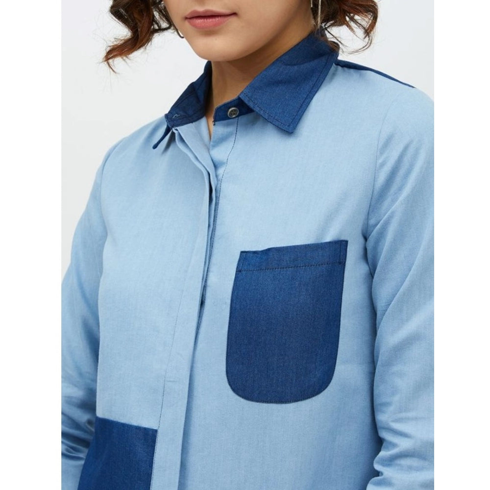 Women's Denim Patch Work Long Sleeves Standard Length Shirt (Blue)