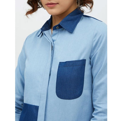 Women's Denim Patch Work Long Sleeves Standard Length Shirt (Blue)