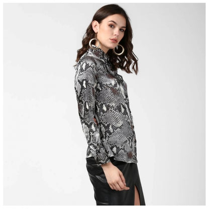 Women's Satin Animal Print Long Sleeves Standard Length Shirt (Black - Grey)