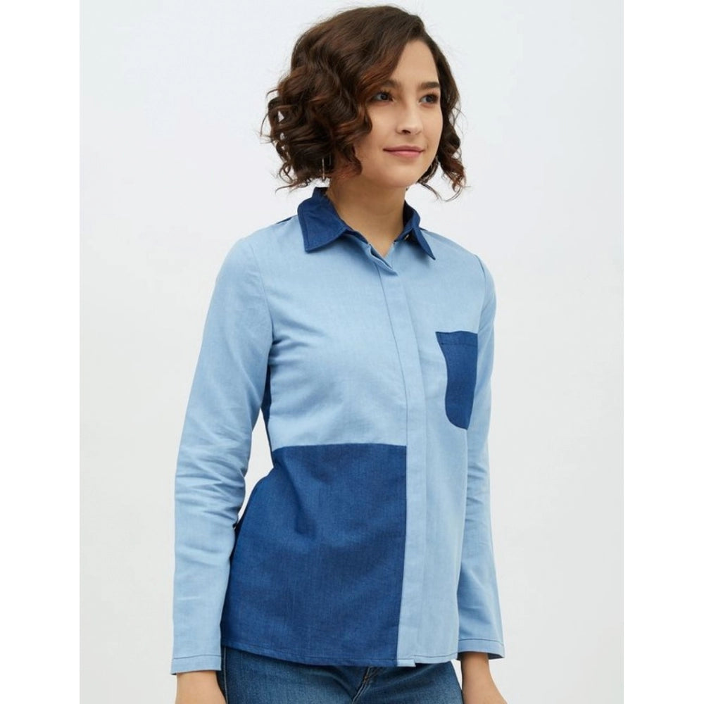 Women's Denim Patch Work Long Sleeves Standard Length Shirt (Blue)