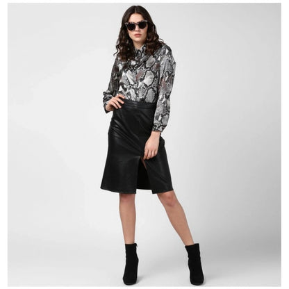 Women's Satin Animal Print Long Sleeves Standard Length Shirt (Black - Grey)