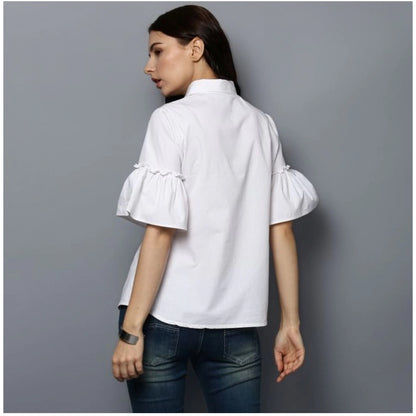 Women's Cotton Solid Bell Sleeve Top (White)