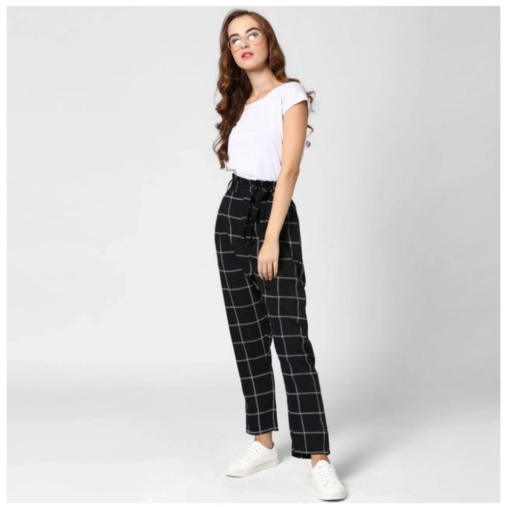 Women's Polyester Checkered Elasticated Trousers (Black - White)