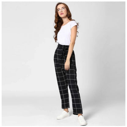 Women's Polyester Checkered Elasticated Trousers (Black - White)