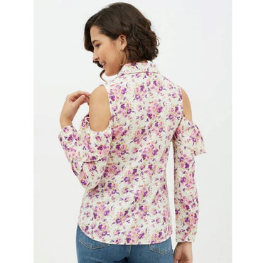 Women's Polyester Floral Cold Shoulder Standard Length Shirt (White)